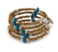 Avalaya Bronze Glass Bead Teal/Antique White Shell Nugget Multistrand Coiled Flex Bracelet - Adjustable