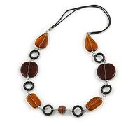 Avalaya Brown/Amber Ceramic Bead and Black Wood Ring Cotton Cord Necklace - 70cm L