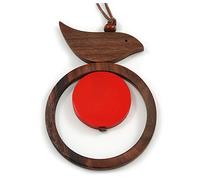 Avalaya Brown/Red Bird and Circle Wooden Pendant Cotton Cord Long Necklace - 84cm L/ 10cm Pendant