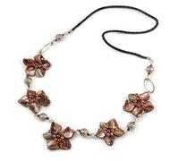 Avalaya Brown Shell Floral Necklace on Faux Leather Cord - 90cm Length - Natural & Stylish