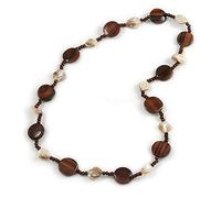 Avalaya Brown Wood Coin Shape Bead and Antique White Shell Nugget Necklace - 74cm L