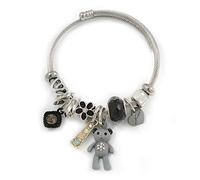 Avalaya Charm Bear, Heart, Flower, Crystal Beads Flex Twisted Cable Cuff Bracelet/Silver Tone Metal/Adjustable/Size M