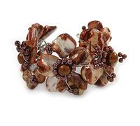 Avalaya Chestnut Brown Floral Sea Shell & Simulated Pearl Cuff Bracelet (Silver Tone) - Adjustable