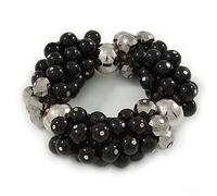Avalaya Chunky Black Ceramic, Grey Crystal Bead Flex Bracelet - up to 18cm L