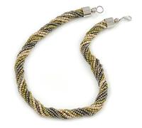 Avalaya Chunky Multistrand Glass Bead Twisted Necklace with Silver Tone Closure (Olive, Metallic Grey, Antique White) - 45cm L