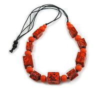 Avalaya Chunky Orange with Animal Print Cube and Ball Wood Bead Cord Necklace - 90cm Max