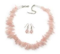 Avalaya Chunky Rose Quartz Stone Necklace & Glass Bead Drop Earrings Set/ 40cm L/ 5cm Ext