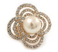 Avalaya Clear Crystal Faux Pearl Flower Stretch Ring/Gold Plating/ 40mm Across/Size 6/7
