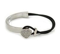 Avalaya Clear Crystal Heart Bangle Bracelet With Black Silk Stretch Cord/Silver Tone/ 18cm L/Size M