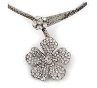 Avalaya Clear Diamante Flower Pendant Hammered Collar Necklace - 38cm Length