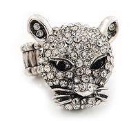 Avalaya Clear Diamante 'Leopard' Stretch Ring In Silver Plating - 7/9 Size