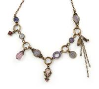 Avalaya Crystal, Acrylic, Enamel Bead Charm Necklace in Pink/Violet Colours/Bronze Tone/Victorian Style/ 40cm L/ 7cm Ext