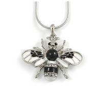 Avalaya Crystal Black/White Enamel Bee Pendant with Rhodium Plated Snake Chain/ 40cm L/ 6cm Ext