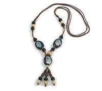 Avalaya Dark Blue/Brown/Black/Cream Ceramic and Wood Bead Tassel Brown Silk Cord Necklace/70cm to 80cm L/Slight Variation In Colour/Natural Irregularities