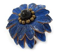 Avalaya Dark Blue Leather Layered With Glass Bead Daisy Flower Wire Band Ring - Adjustable - 40mm D