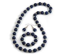 Avalaya Dark Blue Wood and Silver Acrylic Bead Necklace, Earrings, Bracelet Set - 70cm Long
