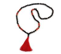 Avalaya Dark Brown Tree Seed and Red Acrylic Bead Necklace with Red Silk Tassel/ 94cm L/ 11cm Tassel
