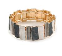 Avalaya Dark Grey/Metallic Silver/White Enamel Geometric Hammered Flex Bracelet In Gold Tone - 20cm Long