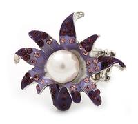 Avalaya Enamel Crystal Faux Pearl Calla Lily Flex Ring in Lavender/Purple Colours/Rhodium Plated/Size 7/8