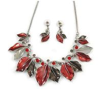 Avalaya Enamel Crystal Multi Leaf Necklace and Drop Earrings Set/Grey/Red/ 40cm L - Gift Boxed