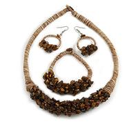 Avalaya Ethnic Handmade Semiprecious Stone with Cotton Cord Necklace, Bracelet and Hoop Earrings Set In Brown/Beige - 56cm L