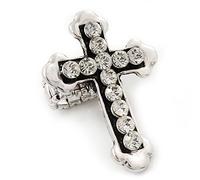 Avalaya Fleur de Lis Crystal Set Cross Stretch Ring/Aged Silver Finish/6cm L/Adjustable/Size 7/8