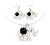 Avalaya Flex Wire Elephant Pendant Necklace & Drop Earrings Set With Black Stone/Silver Tone/Adjustable