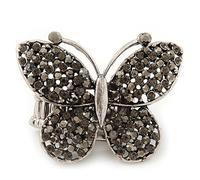 Avalaya 'Flutter-By' Diamante Encrusted Butterfly Cocktail Stretch Ring - Rhodium Plated (Grey Crystals) - Adjustable size 7/8