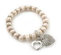 Avalaya Freshwater Pearl Diamante 'Heart' Charm Flex Bracelet In Rhodium Plating - 18cm Length