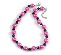 Avalaya Fuchsia Pink Glass Pearl & Jet Black Bead Alternating Necklace - 37cm + 5cm Extender
