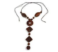 Avalaya Geometric Brown Wood and Ceramic Bead Front Drop Necklace - 44cm L/ 21cm Front Drop/Adjustable