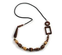 Avalaya Geometric Brown Wooden Bead Black Faux Leather Cord Long Necklace - 84cm L
