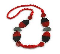 Avalaya Geometric Painted Wooden Bead Long Necklace in Red, Black, Grey - 90cm L
