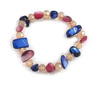Avalaya Glass Bead and Sea Shell Nugget Flex Bracelet in Blue/Plum/Citrine - Size M/L