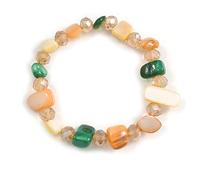 Avalaya Glass Bead and Sea Shell Nugget Flex Bracelet in Melon Orange/Light Yellow/Green - Size M/L