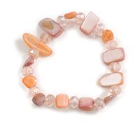 Avalaya Glass Bead and Sea Shell Nugget Flex Bracelet in Pastel Coral/Pastel Purple - Size M/L