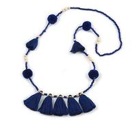 Avalaya Glass Beaded Pom Pom Tassel Long Necklace In Dark Blue/Boho Style/ 90cm L