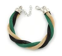 Avalaya Gold/Black/Green Twisted Mesh Chain Bracelet In Silver Tone - 16cm L/ 4cm Ext