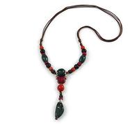 Avalaya Green/Black/Red Ceramic, Brown Wood Bead with Silk Cords Necklace - 56cm to 80cm Long/Adjustable