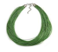 Avalaya Green Multistrand Silk Cord Necklace in Silver Tone - 50cm L/ 7cm Ext