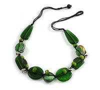 Avalaya Green Statement Cluster Ceramic, Wooden Bead Necklace with Black Cotton Cord - 60cm L