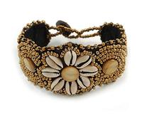 Avalaya Handmade Boho Style Beaded, Shell Wristband Bracelet (Bronze, Cream) - 15cm L/ 2cm Ext - Small