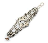 Avalaya Handmade Boho Style Beaded, Shell Wristband Bracelet (White, Cream, Silver) - 16cm L/ 2cm Ext