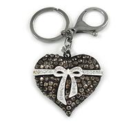 Avalaya Hematite Crystal with White Enamel Bow Puffed Heart Keyring/Bag Charm In Black Tone Metal - 10cm L