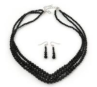 Avalaya Jet Black Multistrand Faceted Glass Crystal Necklace & Drop Earrings Set In Silver Plating - 44cm Length/ 6cm Extender