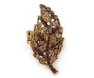 Avalaya Large Autumn Dew Citrine/Amber Crystal Leaf Stretch Ring/Burnt Gold Tone/ 58mm/ Adjustable Size 7/8