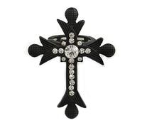 Avalaya Large Black Tone Metal and Diamante 'Fleur de Lis' Cross Statement Stretch Ring - 50mm Length - Size 7/8