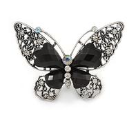 Avalaya Large Clear Crystal Black Acrylic Bead Butterfly Ring/Aged Silver Tone/Size 8/ Adjustable
