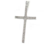 Avalaya Large Crystal Cross Pendant with Chunky Long Chain In Silver Tone - 70cm L