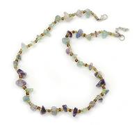 Avalaya Lavender/Pale Green Semiprecious Chips, Glass Bead Necklace In Silver Plating - 50cm Length/ 3cm Extender